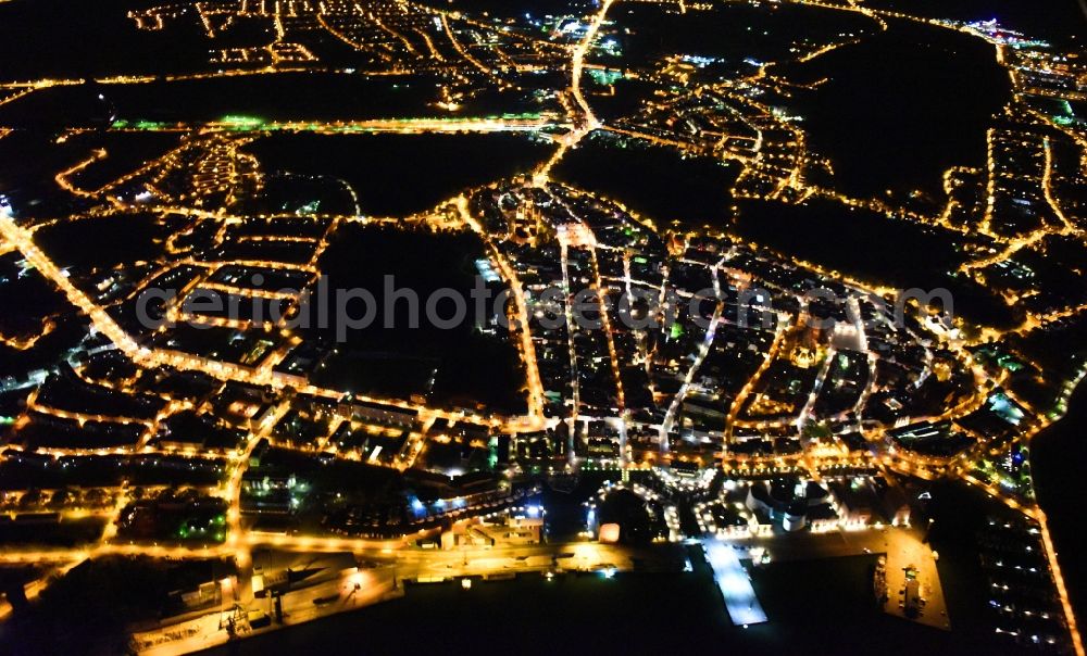 Aerial image at night Stralsund - Night lighting The city center in the downtown area in Stralsund in the state Mecklenburg - Western Pomerania, Germany