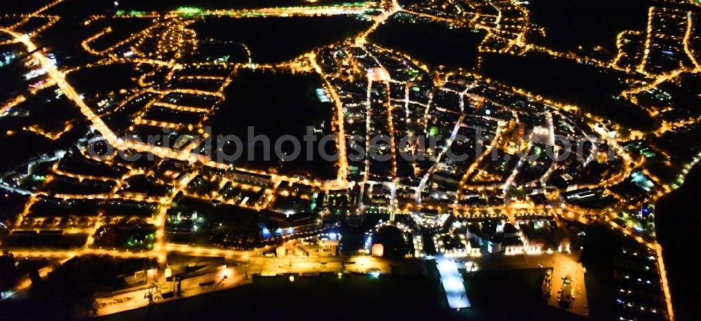 Stralsund at night from above - Night lighting The city center in the downtown area in Stralsund in the state Mecklenburg - Western Pomerania, Germany