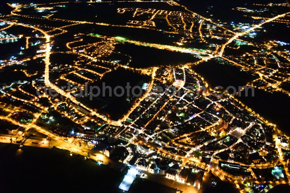 Aerial photograph at night Stralsund - Night lighting The city center in the downtown area in Stralsund in the state Mecklenburg - Western Pomerania, Germany