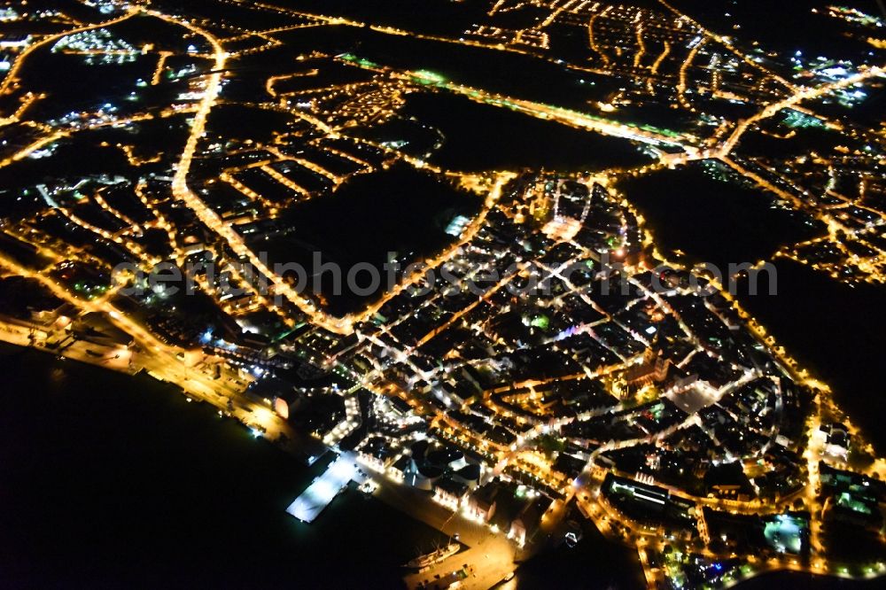 Aerial image at night Stralsund - Night lighting The city center in the downtown area in Stralsund in the state Mecklenburg - Western Pomerania, Germany