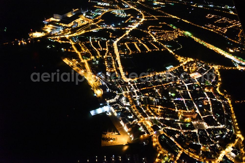 Stralsund at night from above - Night lighting The city center in the downtown area in Stralsund in the state Mecklenburg - Western Pomerania, Germany