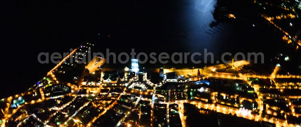 Aerial image at night Stralsund - Night lighting The city center in the downtown area in Stralsund in the state Mecklenburg - Western Pomerania, Germany