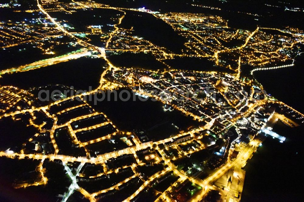 Aerial photograph at night Stralsund - Night lighting The city center in the downtown area in Stralsund in the state Mecklenburg - Western Pomerania, Germany