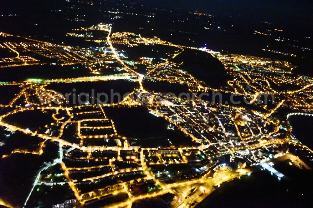 Aerial image at night Stralsund - Night lighting The city center in the downtown area in Stralsund in the state Mecklenburg - Western Pomerania, Germany