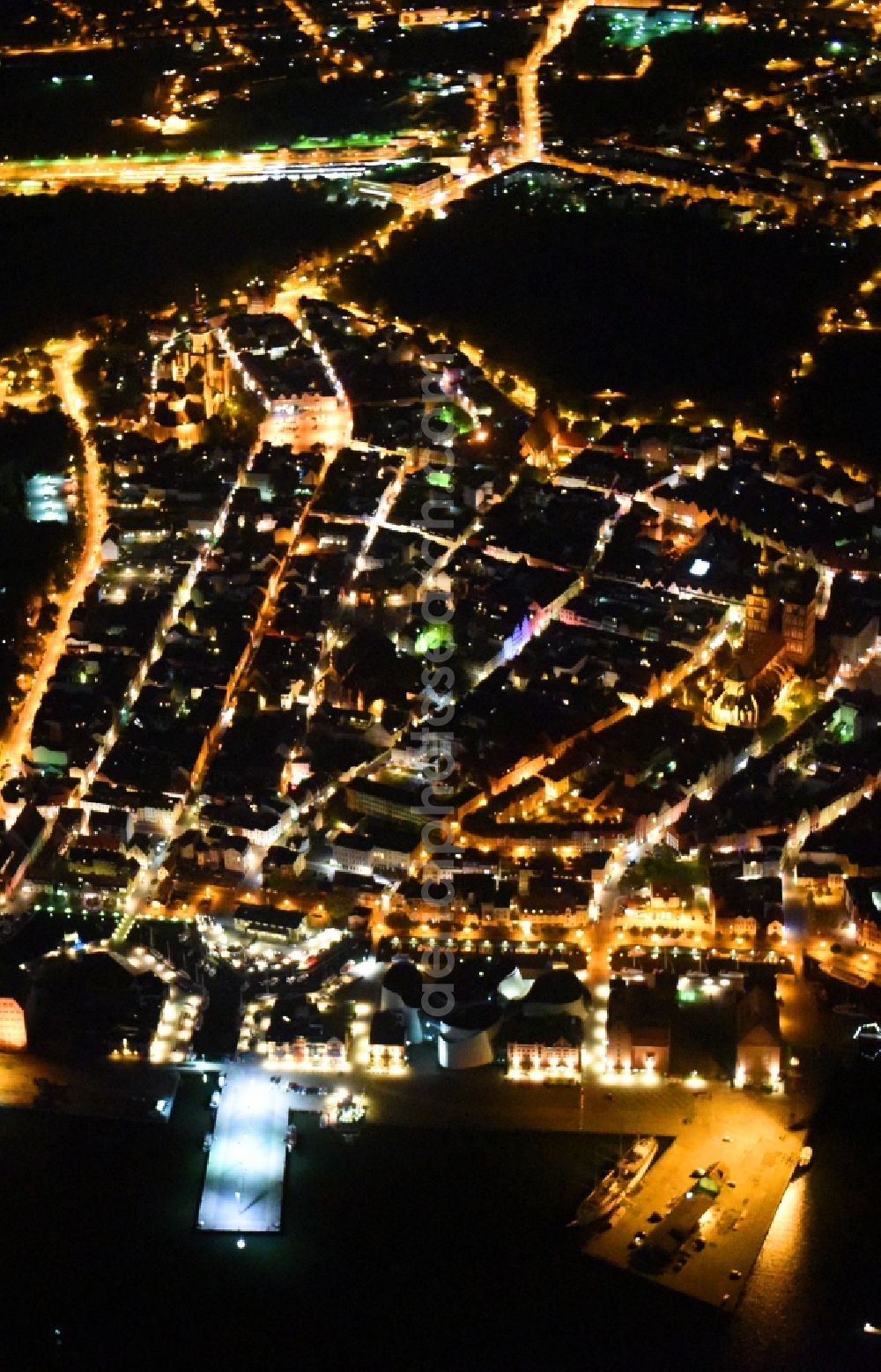 Stralsund at night from above - Night lighting The city center in the downtown area in Stralsund in the state Mecklenburg - Western Pomerania, Germany