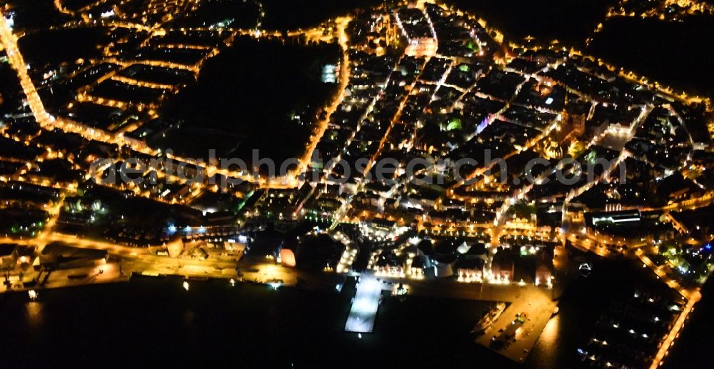 Aerial photograph at night Stralsund - Night lighting The city center in the downtown area in Stralsund in the state Mecklenburg - Western Pomerania, Germany