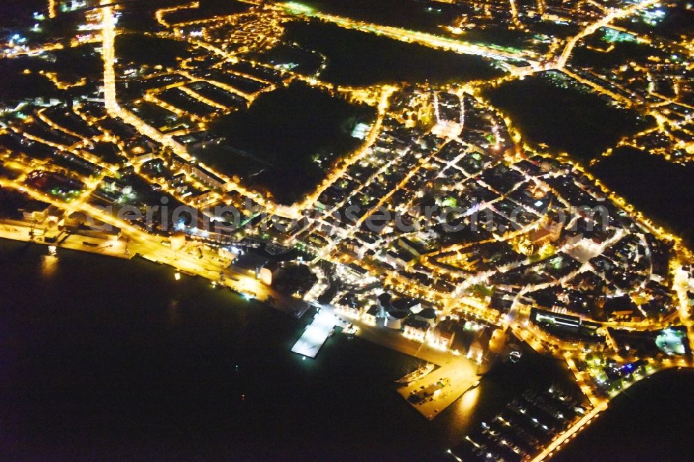 Aerial image at night Stralsund - Night lighting The city center in the downtown area in Stralsund in the state Mecklenburg - Western Pomerania, Germany