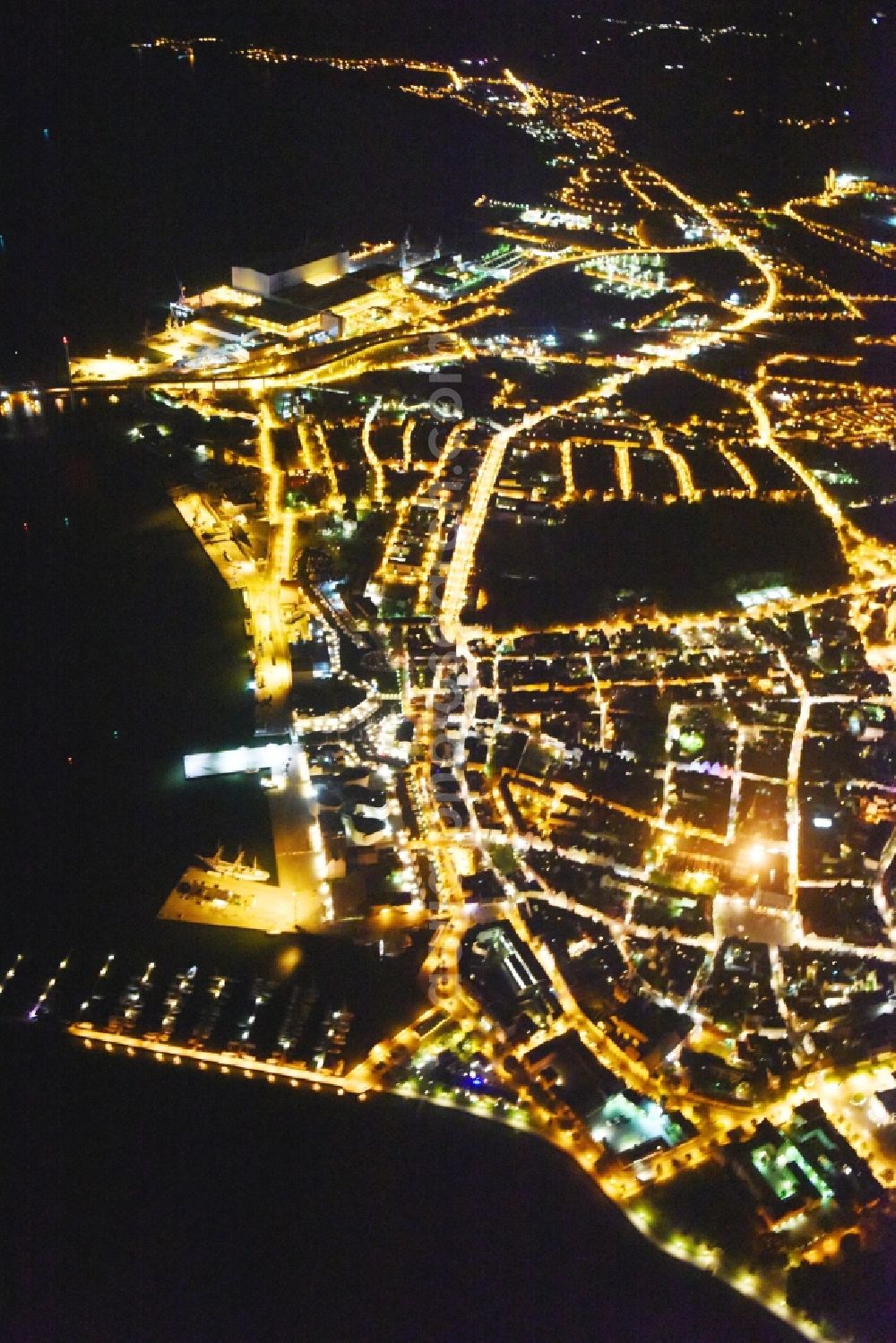 Stralsund at night from above - Night lighting The city center in the downtown area in Stralsund in the state Mecklenburg - Western Pomerania, Germany