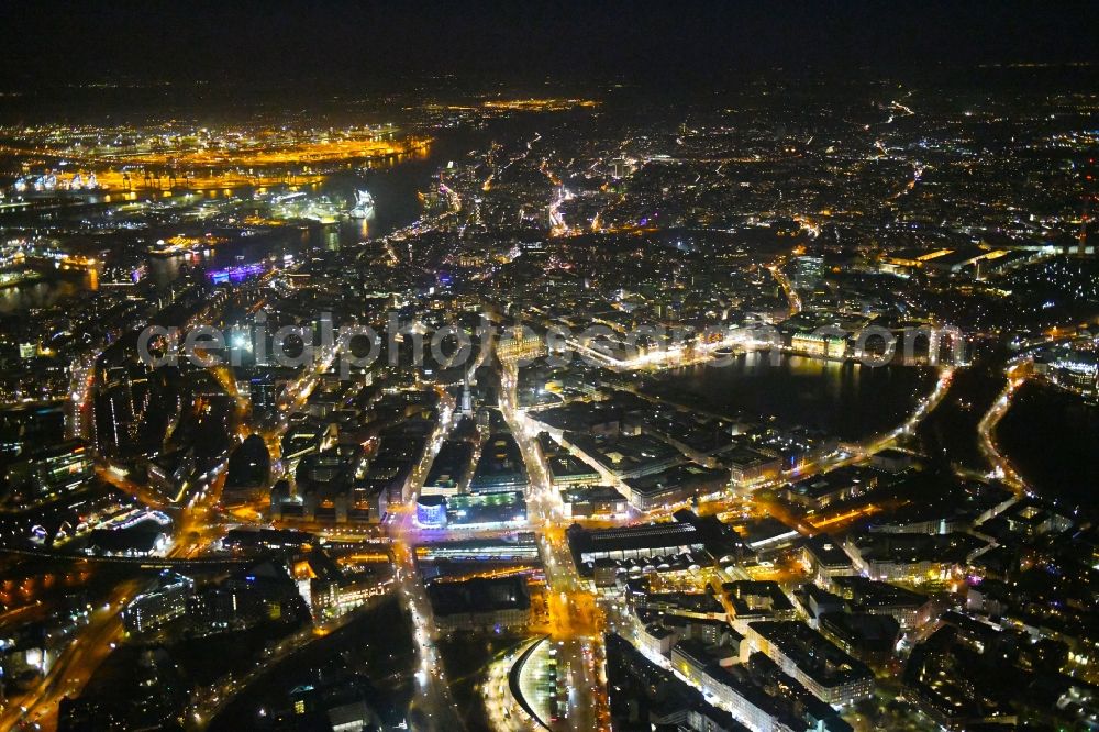 Aerial photograph at night Hamburg - Night lighting city view of the downtown area on the shore areas of Binnenalster in Hamburg, Germany