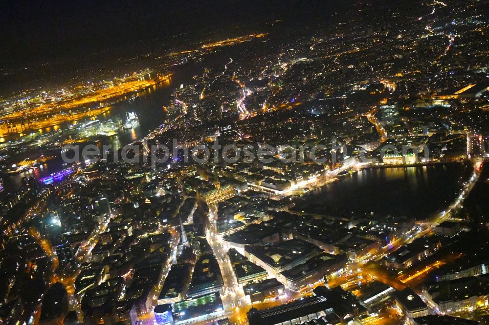 Aerial image at night Hamburg - Night lighting city view of the downtown area on the shore areas of Binnenalster in Hamburg, Germany