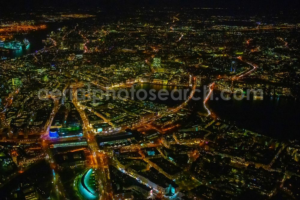 Hamburg at night from above - Night lighting city view of the downtown area on the shore areas of Binnenalster Am Jungfernstieg in the district Altstadt in Hamburg, Germany