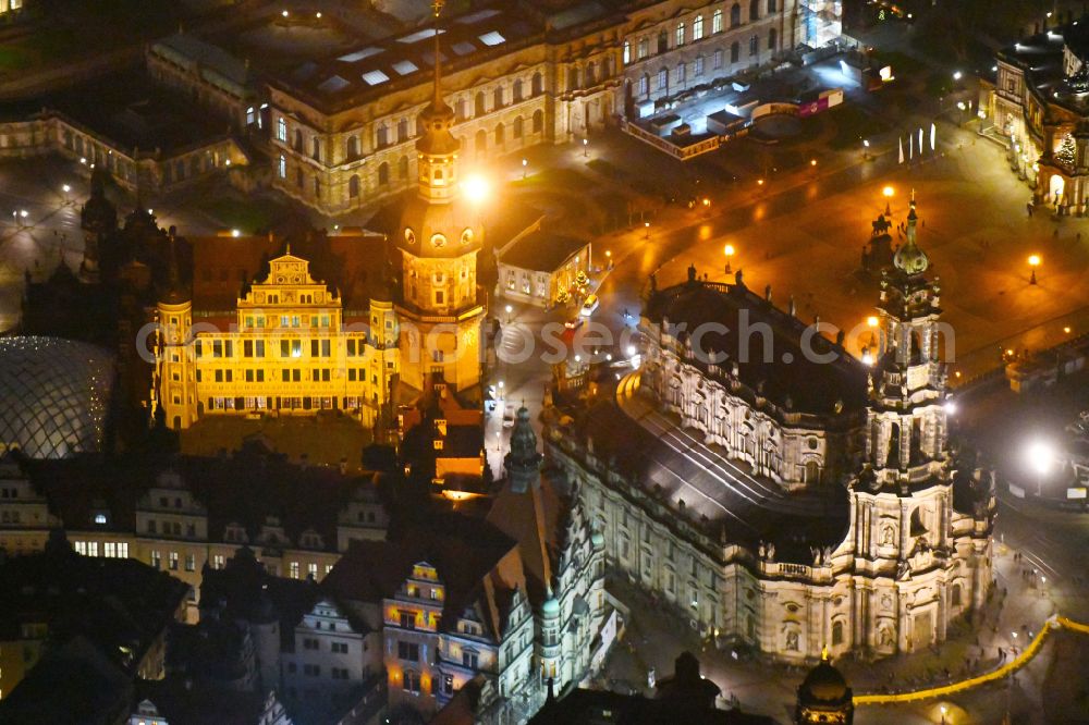 Dresden at night from above - Night lighting church building of the cathedral of Kathedrale Sanctissimae Trinitatis -Dresdner Hofkirche on street Schlossstrasse in the district Altstadt in Dresden in the state Saxony, Germany