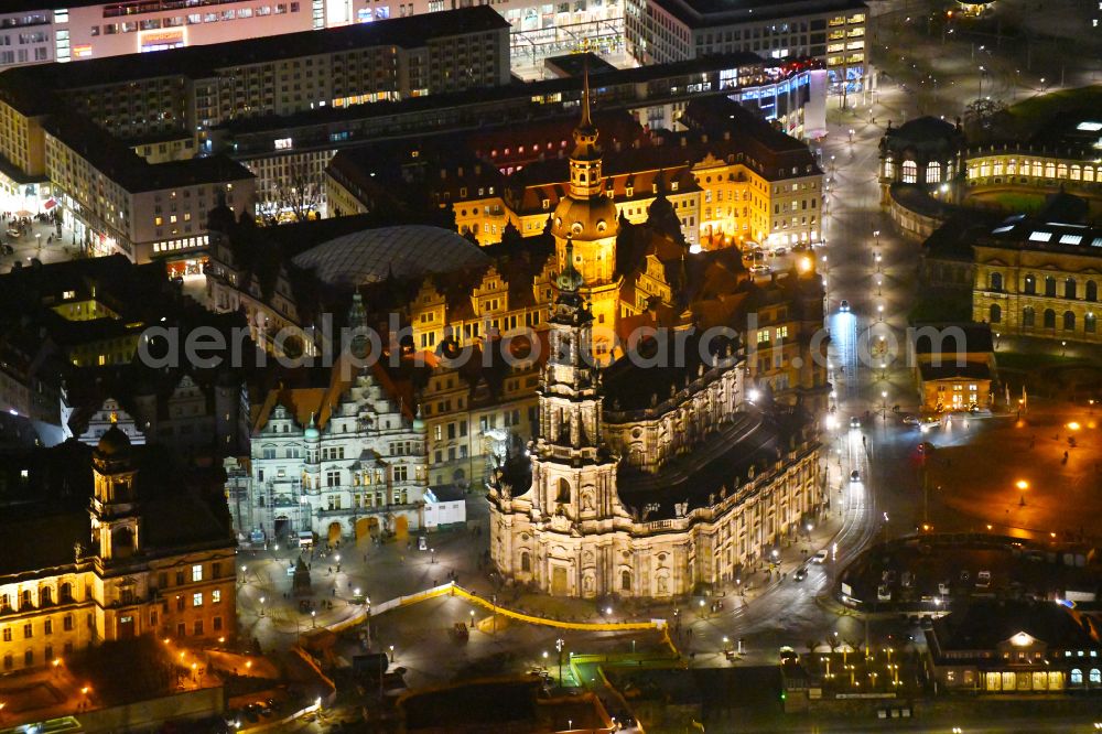 Dresden at night from above - Night lighting church building of the cathedral of Kathedrale Sanctissimae Trinitatis -Dresdner Hofkirche on street Schlossstrasse in the district Altstadt in Dresden in the state Saxony, Germany