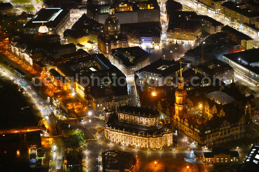 Aerial image at night Dresden - Night lighting church building of the cathedral of Kathedrale Sanctissimae Trinitatis -Dresdner Hofkirche on street Schlossstrasse in the district Altstadt in Dresden in the state Saxony, Germany