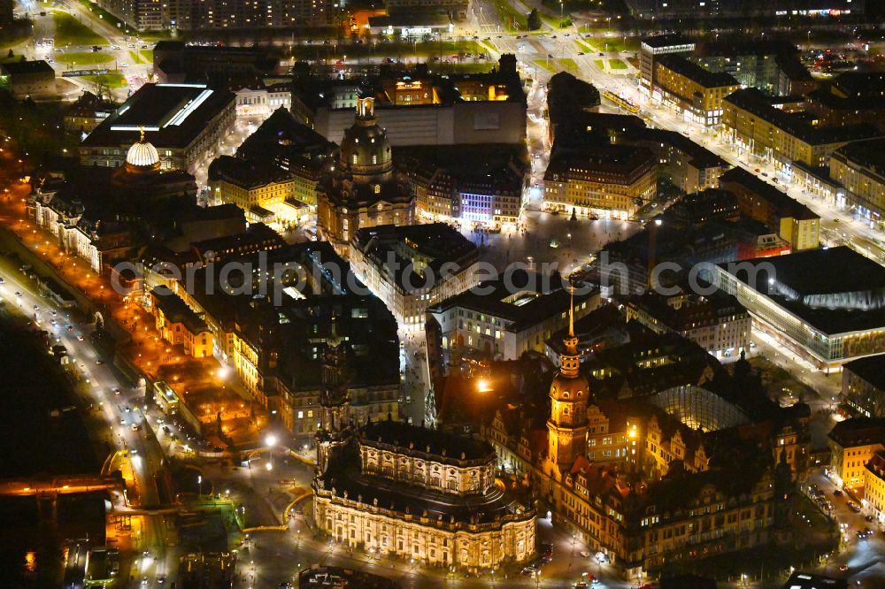 Dresden at night from above - Night lighting church building of the cathedral of Kathedrale Sanctissimae Trinitatis -Dresdner Hofkirche on street Schlossstrasse in the district Altstadt in Dresden in the state Saxony, Germany