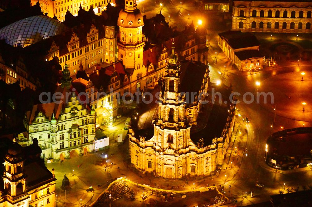 Dresden at night from above - Night lighting church building of the cathedral of Kathedrale Sanctissimae Trinitatis -Dresdner Hofkirche on street Schlossstrasse in the district Altstadt in Dresden in the state Saxony, Germany