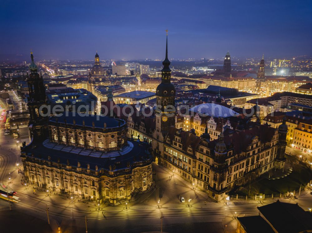 Dresden at night from above - Night lighting church building of the cathedral of Kathedrale Sanctissimae Trinitatis -Dresdner Hofkirche on street Schlossstrasse in the district Altstadt in Dresden in the state Saxony, Germany