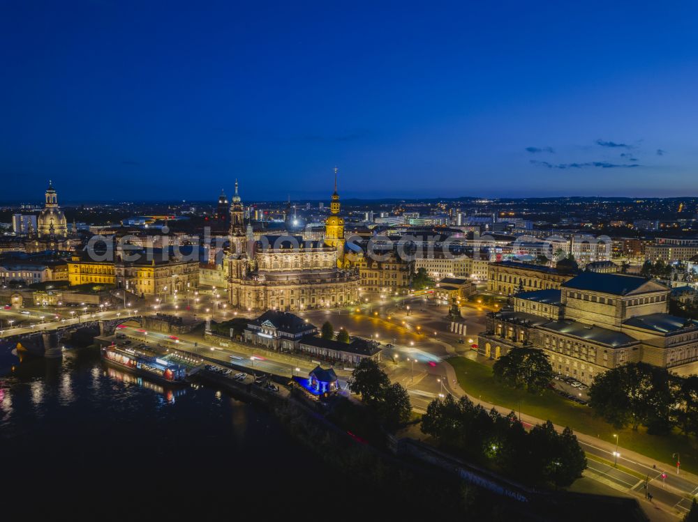 Aerial image at night Dresden - Night lighting church building of the cathedral of Kathedrale Sanctissimae Trinitatis -Dresdner Hofkirche on street Schlossstrasse in the district Altstadt in Dresden in the state Saxony, Germany