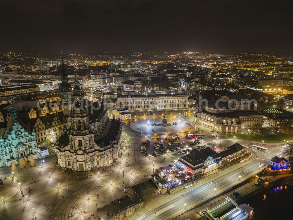 Dresden at night from above - Night lighting church building of the cathedral of Kathedrale Sanctissimae Trinitatis -Dresdner Hofkirche on street Schlossstrasse in the district Altstadt in Dresden in the state Saxony, Germany