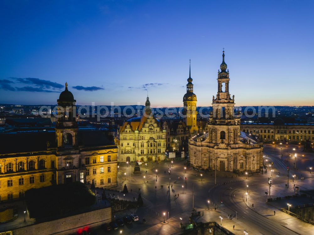 Dresden at night from above - Night lighting church building of the cathedral of Kathedrale Sanctissimae Trinitatis -Dresdner Hofkirche on street Schlossstrasse in the district Altstadt in Dresden in the state Saxony, Germany