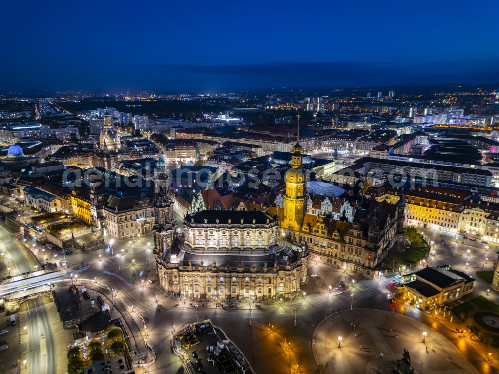 Dresden at night from above - Night lighting church building of the cathedral of Kathedrale Sanctissimae Trinitatis -Dresdner Hofkirche on street Schlossstrasse in the district Altstadt in Dresden in the state Saxony, Germany