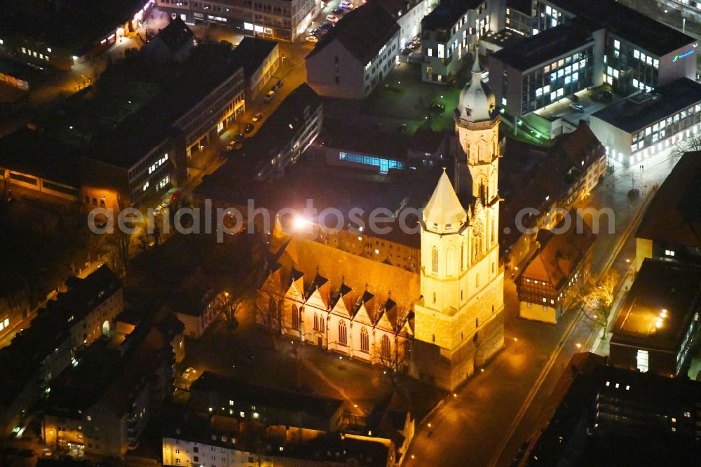 Aerial photograph at night Braunschweig - Night lighting church building in St. Andreaskirche Old Town- center of downtown in Brunswick in the state Lower Saxony, Germany