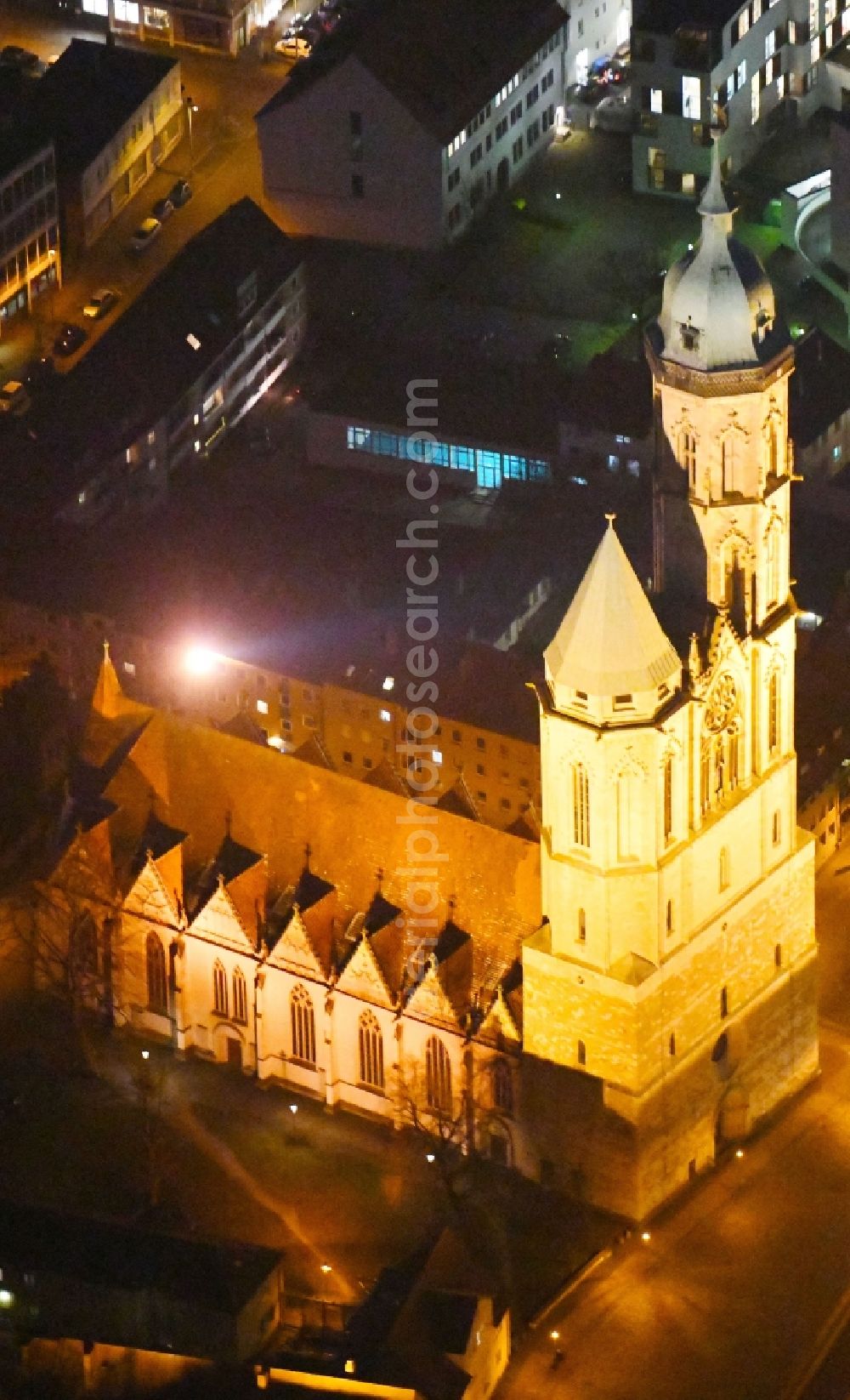 Aerial image at night Braunschweig - Night lighting church building in St. Andreaskirche Old Town- center of downtown in Brunswick in the state Lower Saxony, Germany