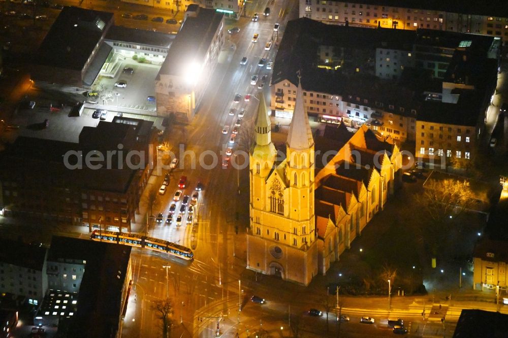 Aerial photograph at night Braunschweig - Night lighting church building in St. Andreaskirche Old Town- center of downtown in Brunswick in the state Lower Saxony, Germany