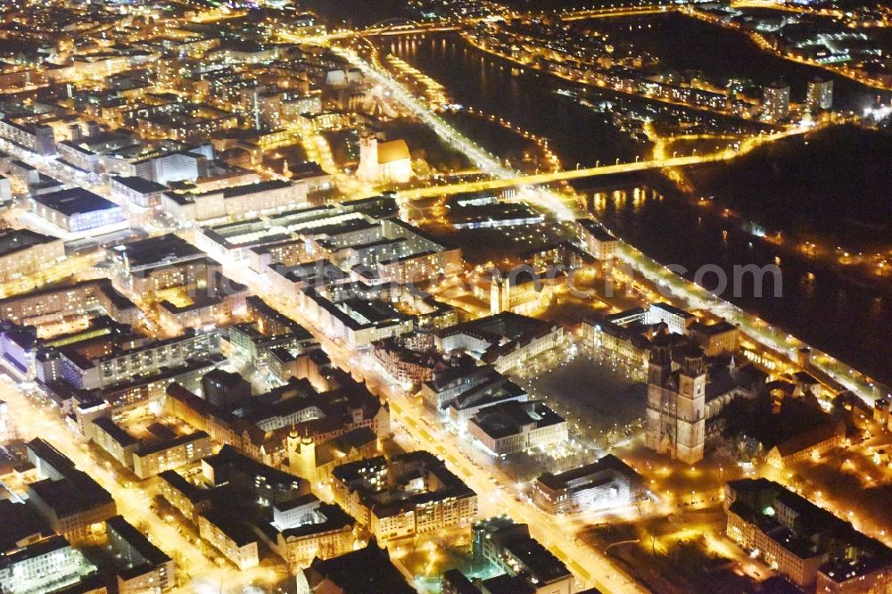 Magdeburg at night from above - Night lighting Church building of the cathedral of Dom zu Magdeburg in the district Altstadt in Magdeburg in the state Saxony-Anhalt