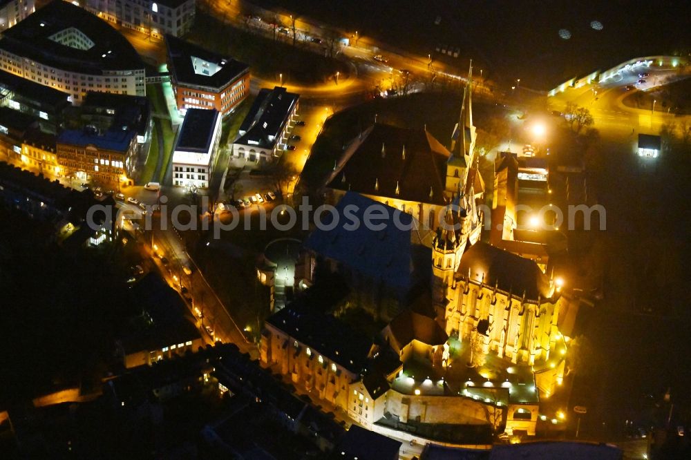 Aerial image at night Erfurt - Night lighting Church building of the cathedral in the old town in Erfurt in the state Thuringia, Germany
