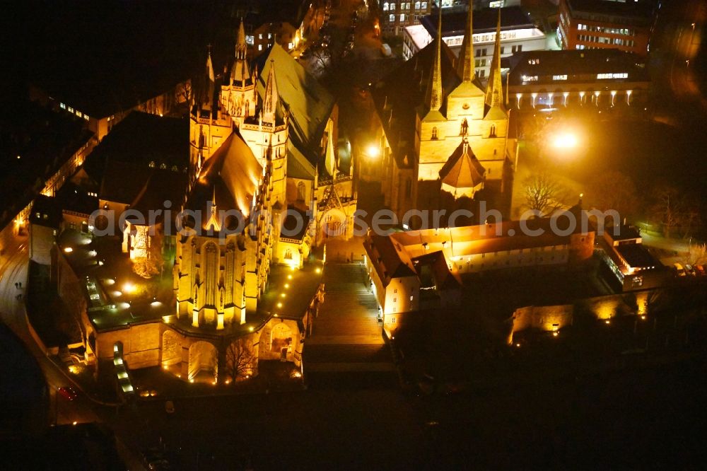 Aerial photograph at night Erfurt - Night lighting Church building of the cathedral in the old town in Erfurt in the state Thuringia, Germany