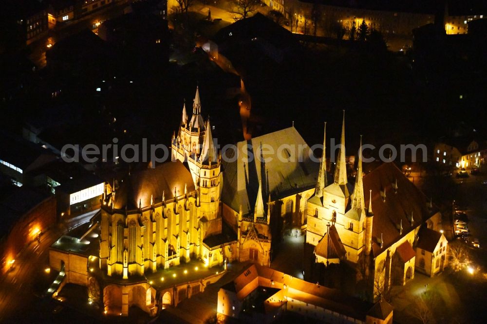 Aerial photograph at night Erfurt - Night lighting Church building of the cathedral in the old town in Erfurt in the state Thuringia, Germany