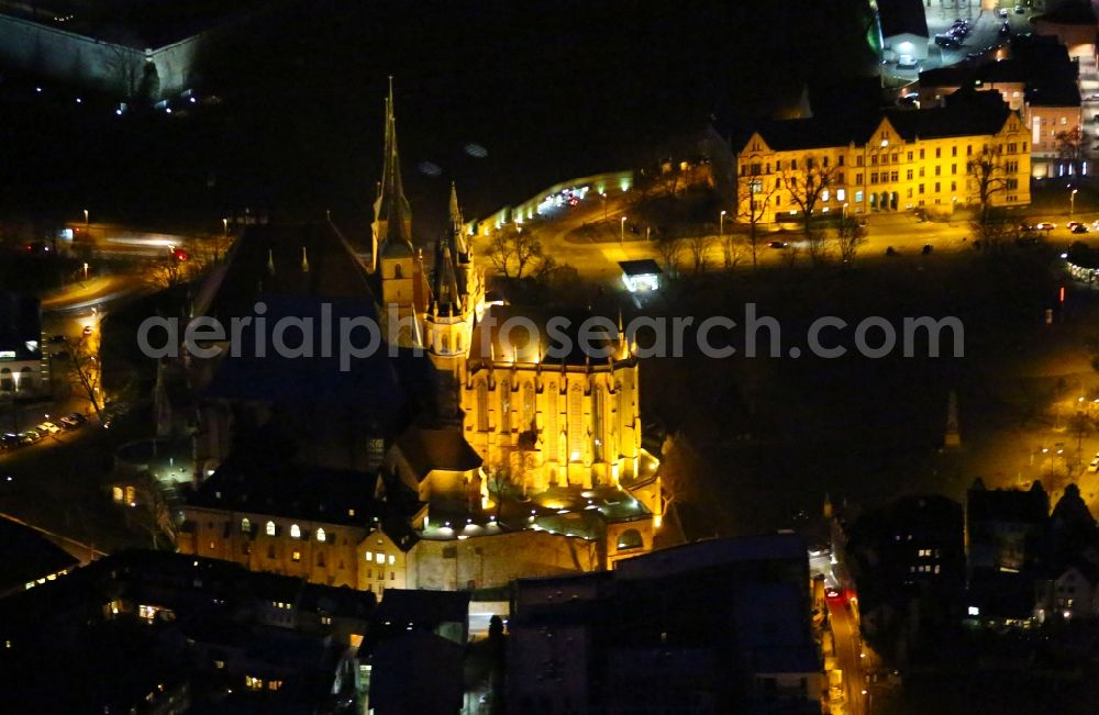 Aerial image at night Erfurt - Night lighting Church building of the cathedral in the old town in Erfurt in the state Thuringia, Germany