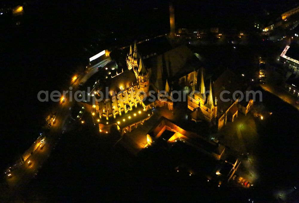 Erfurt at night from above - Night lighting Church building of the cathedral in the old town in Erfurt in the state Thuringia, Germany