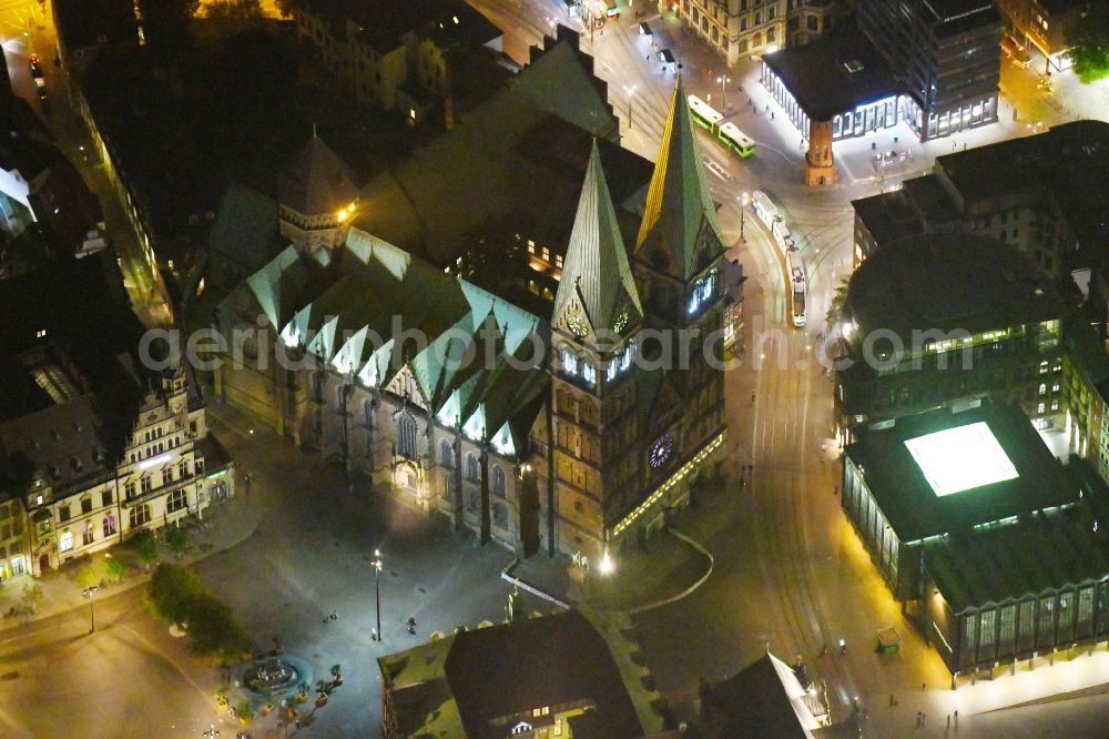 Bremen at night from above - Night lighting Church building of the cathedral in the old town in the district Mitte in Bremen, Germany