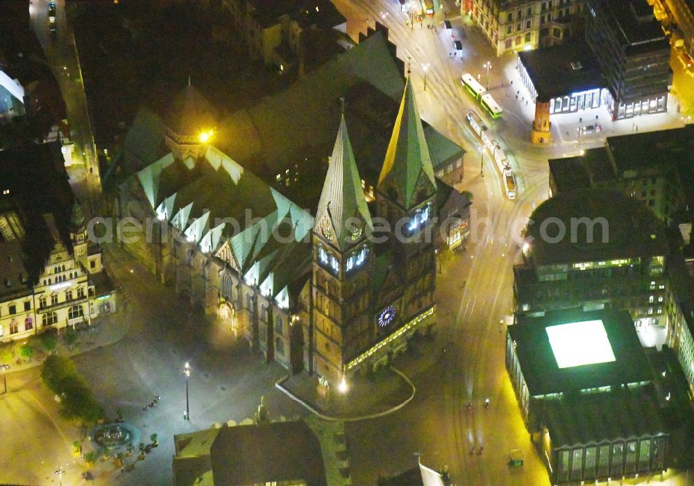 Aerial photograph at night Bremen - Night lighting Church building of the cathedral in the old town in the district Mitte in Bremen, Germany