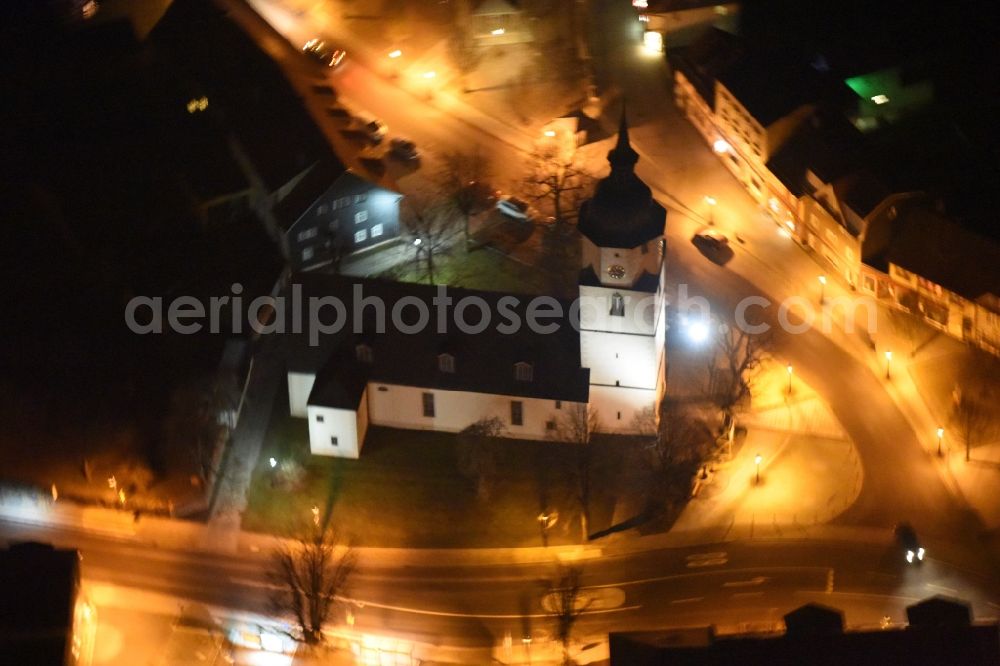 Friedrichroda at night from the bird perspective: Night view Church building on Marktstrasse Old Town- center of downtown in Friedrichroda in the state Thuringia