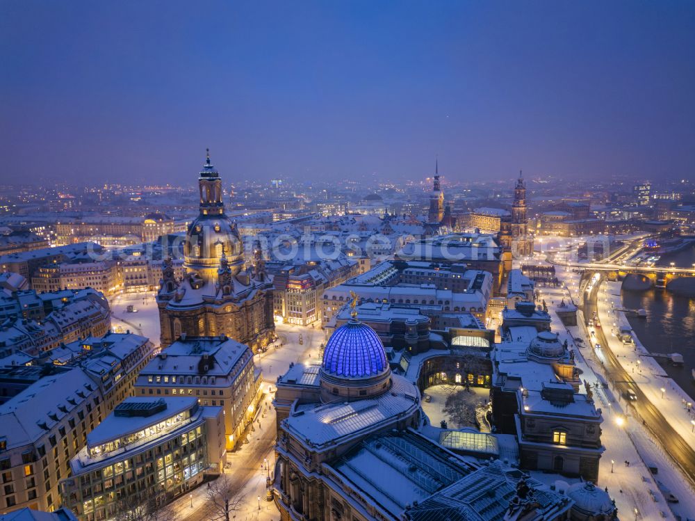 Dresden at night from above - Night lighting church building in Frauenkirche Dresden on Neumarkt Old Town- center of downtown in the district Altstadt in Dresden in the state Saxony, Germany