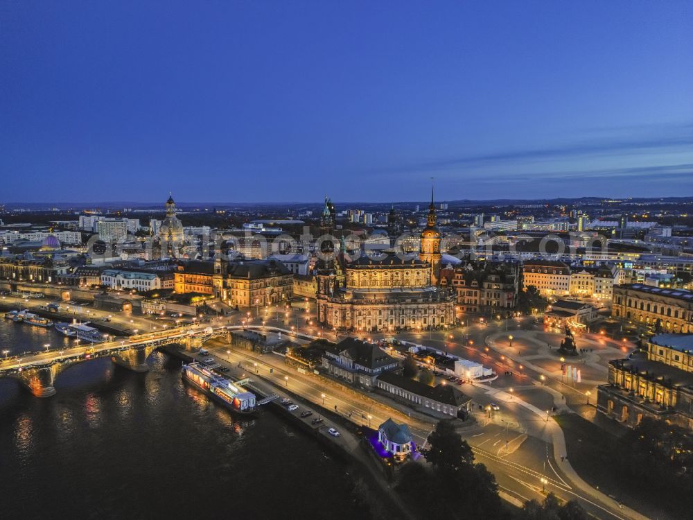 Aerial image at night Dresden - Night lighting church building in Frauenkirche Dresden on Neumarkt Old Town- center of downtown in the district Altstadt in Dresden in the state Saxony, Germany