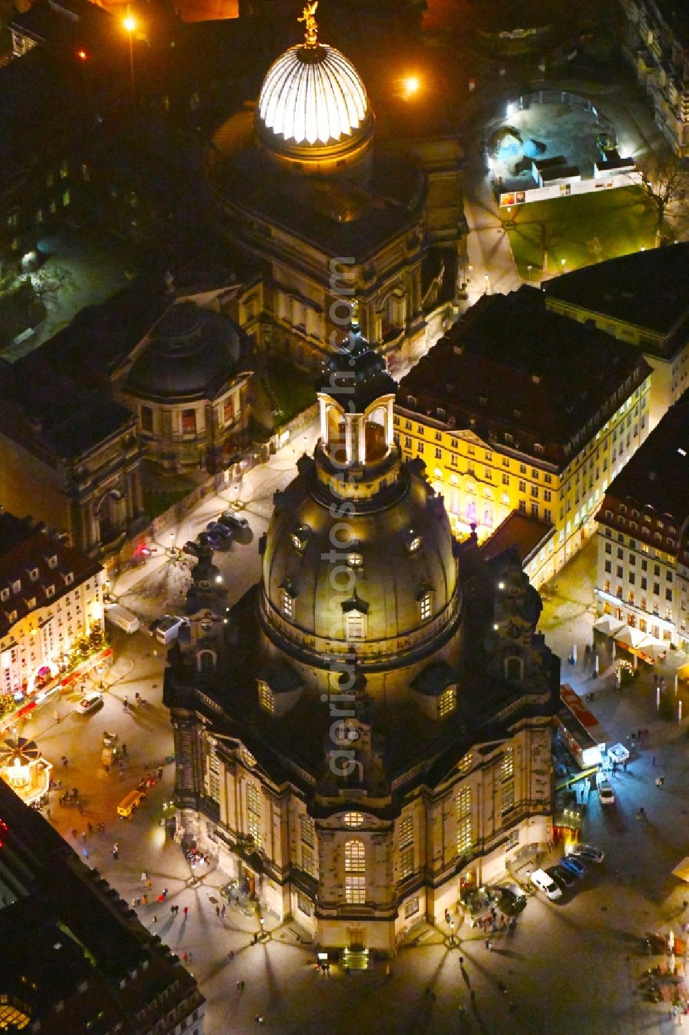 Aerial photograph at night Dresden - Night lighting Church building in Frauenkirche Dresden on Neumarkt Old Town- center of downtown in the district Altstadt in Dresden in the state Saxony, Germany