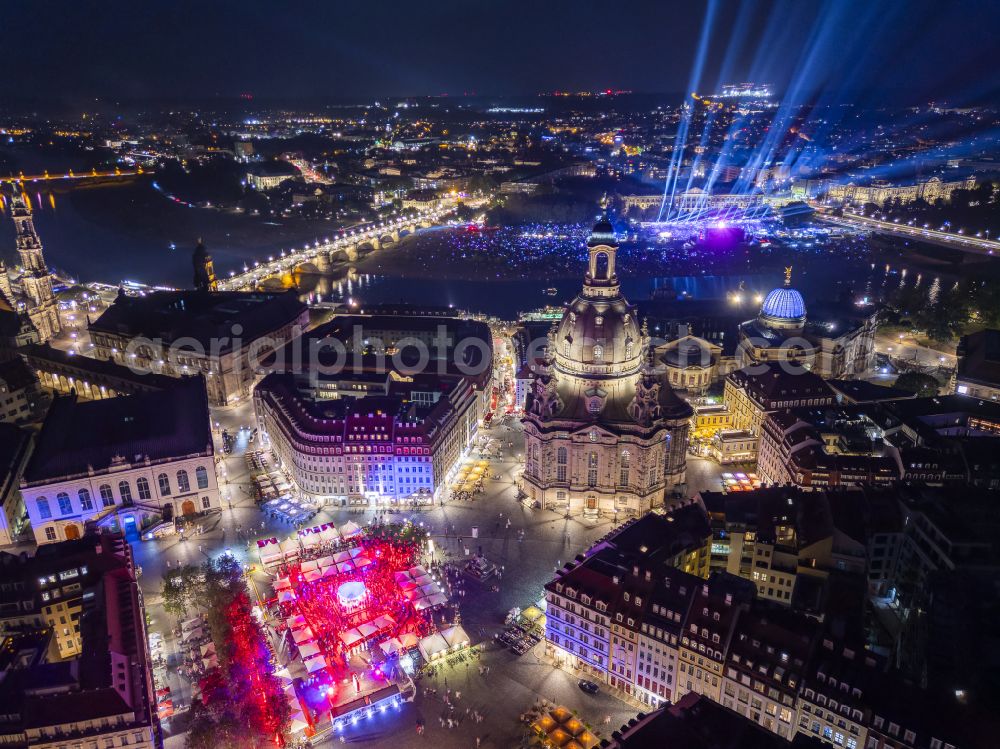 Dresden at night from above - Night lights and illumination of the church building Frauenkirche Dresden on the Neumarkt in the Altstadt district of Dresden in the state of Saxony, Germany