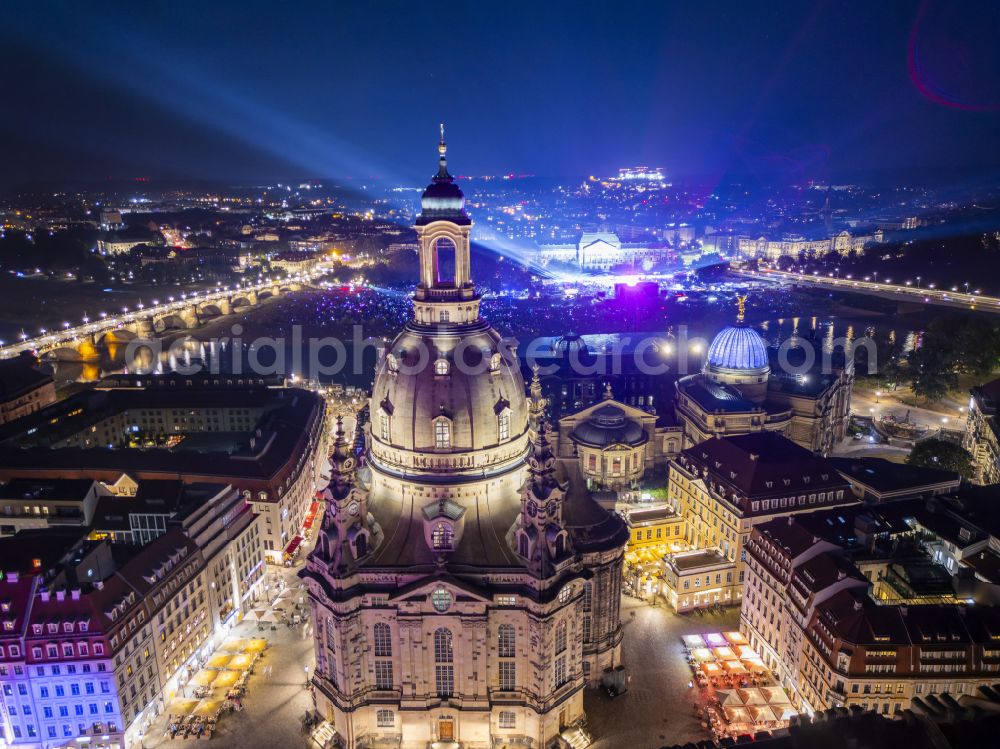 Dresden at night from the bird perspective: Night lights and illumination of the church building Frauenkirche Dresden on the Neumarkt in the Altstadt district of Dresden in the state of Saxony, Germany