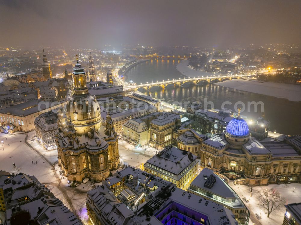 Aerial photograph at night Dresden - Night lighting night lights and illumination of the church building Frauenkirche Dresden on the Neumarkt in the Altstadt district of Dresden in the state of Saxony, Germany