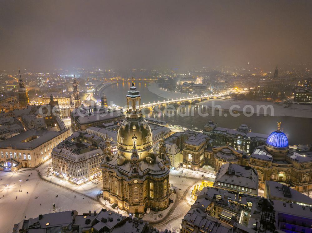 Dresden at night from above - Night lighting night lights and illumination of the church building Frauenkirche Dresden on the Neumarkt in the Altstadt district of Dresden in the state of Saxony, Germany