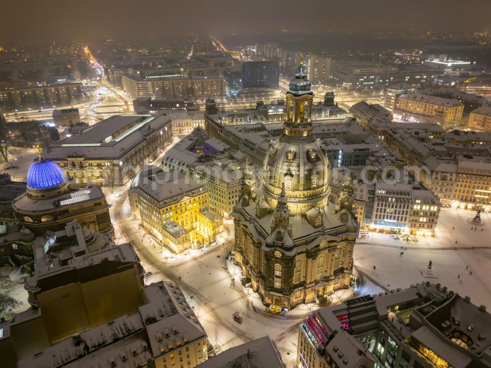 Aerial photograph at night Dresden - Night lighting night lights and illumination of the church building Frauenkirche Dresden on the Neumarkt in the Altstadt district of Dresden in the state of Saxony, Germany