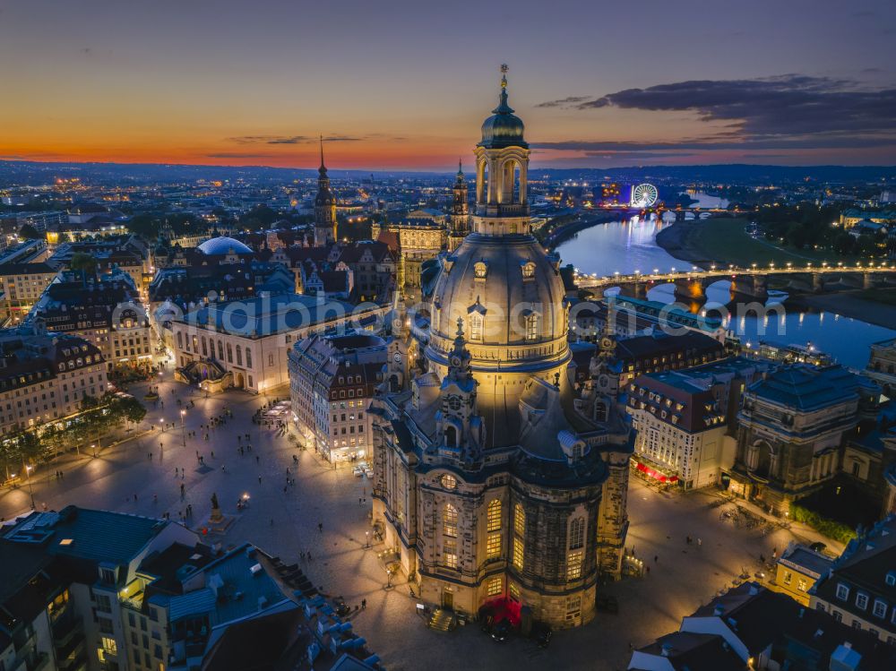 Dresden at night from the bird perspective: Night lights and illumination of the church building Frauenkirche Dresden on the Neumarkt in the Altstadt district of Dresden in the state of Saxony, Germany