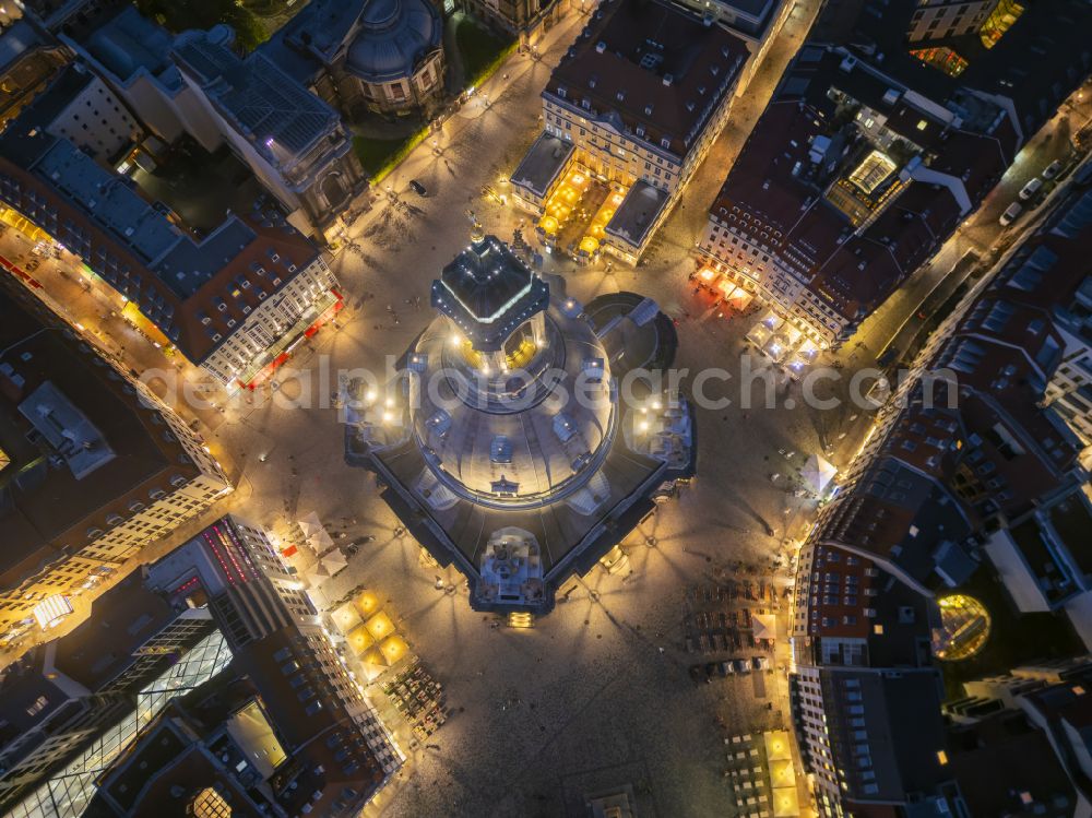 Dresden at night from above - Night lighting night lights and illumination of the church building Frauenkirche Dresden on the Neumarkt in the Altstadt district of Dresden in the state of Saxony, Germany