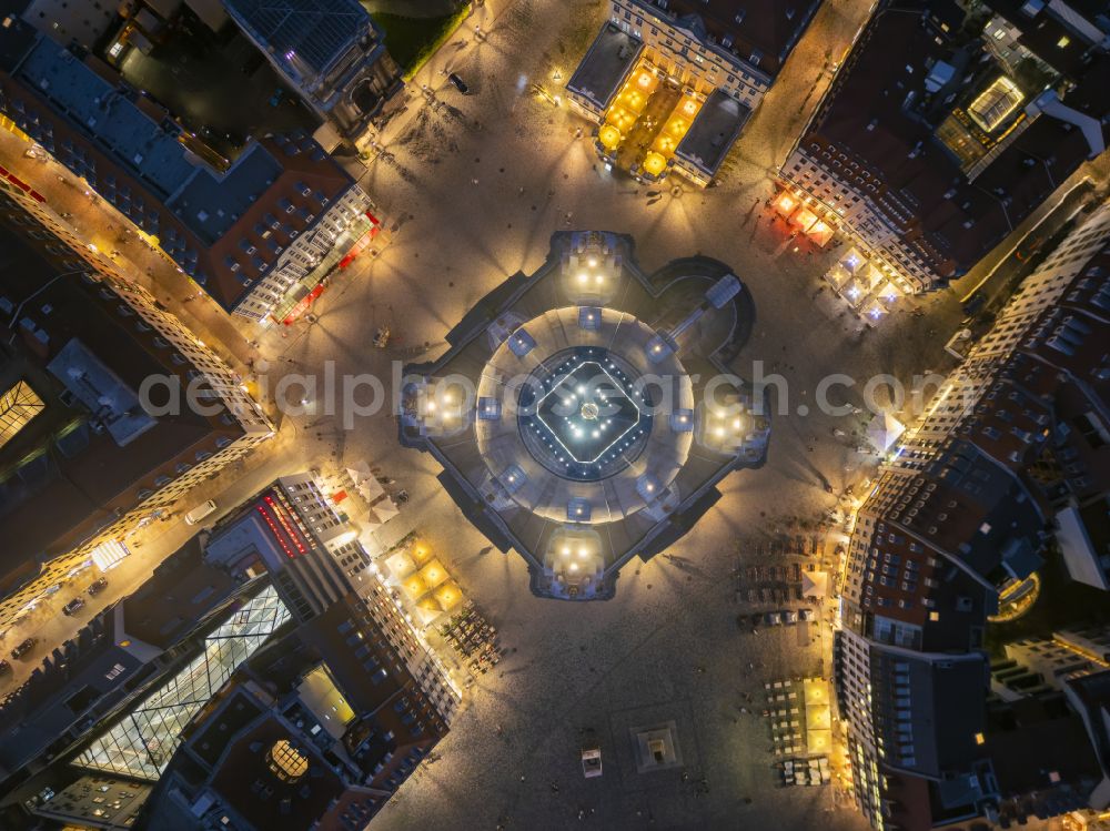 Aerial photograph at night Dresden - Night lighting night lights and illumination of the church building Frauenkirche Dresden on the Neumarkt in the Altstadt district of Dresden in the state of Saxony, Germany