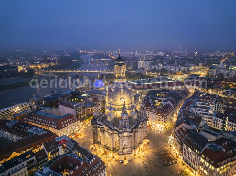 Dresden at night from above - Night lighting night lights and illumination of the church building Frauenkirche Dresden on the Neumarkt in the Altstadt district of Dresden in the state of Saxony, Germany