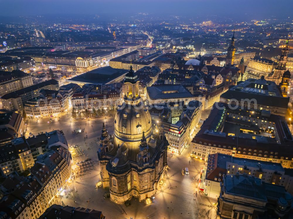 Aerial photograph at night Dresden - Night lighting night lights and illumination of the church building Frauenkirche Dresden on the Neumarkt in the Altstadt district of Dresden in the state of Saxony, Germany